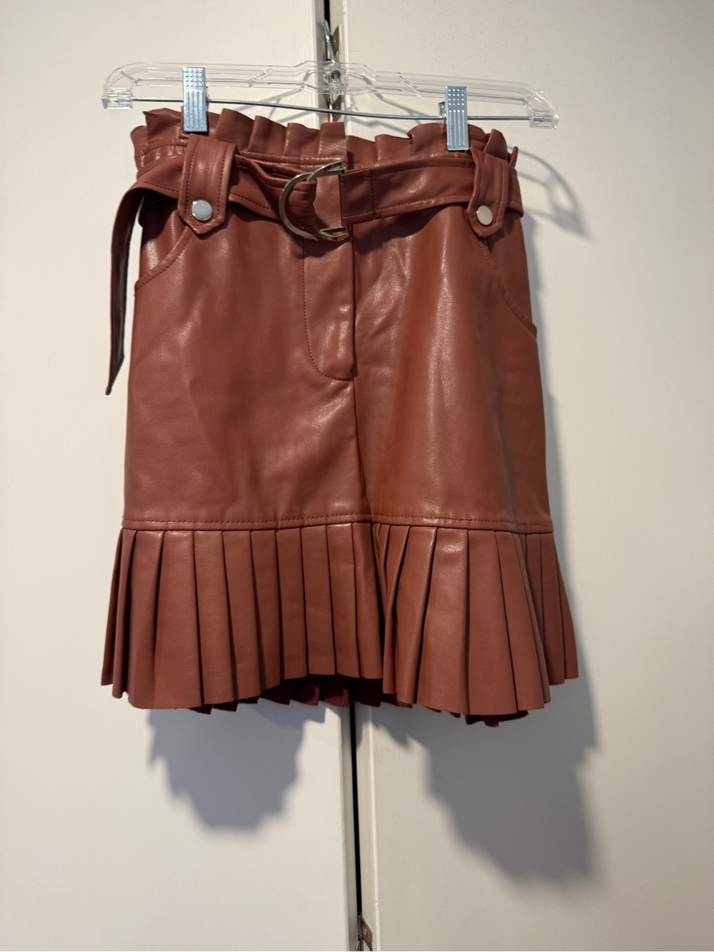 Zara Rust-Brown Faux Leather Pleated Mini Skirt with Belt